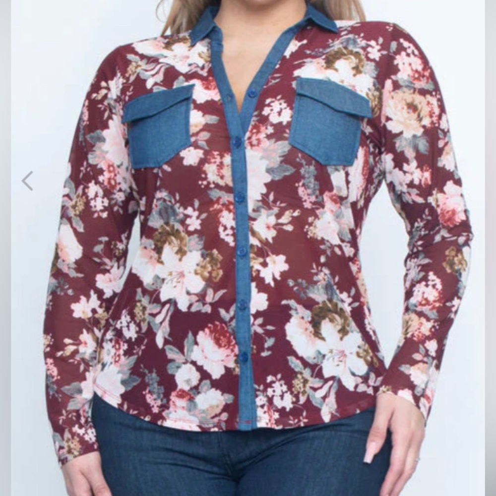 NWT Zenobia Plus Size Mesh Burgundy Floral Button down Top with Denim collar Y2K